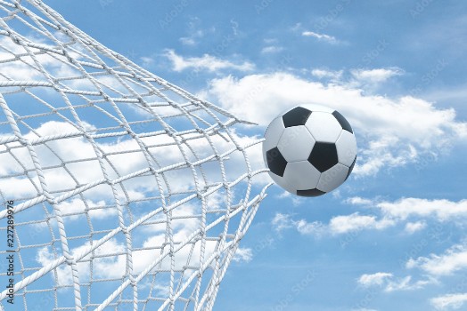 Picture of 3d rendering of a football ball flying away from inside the gate net and tearing it